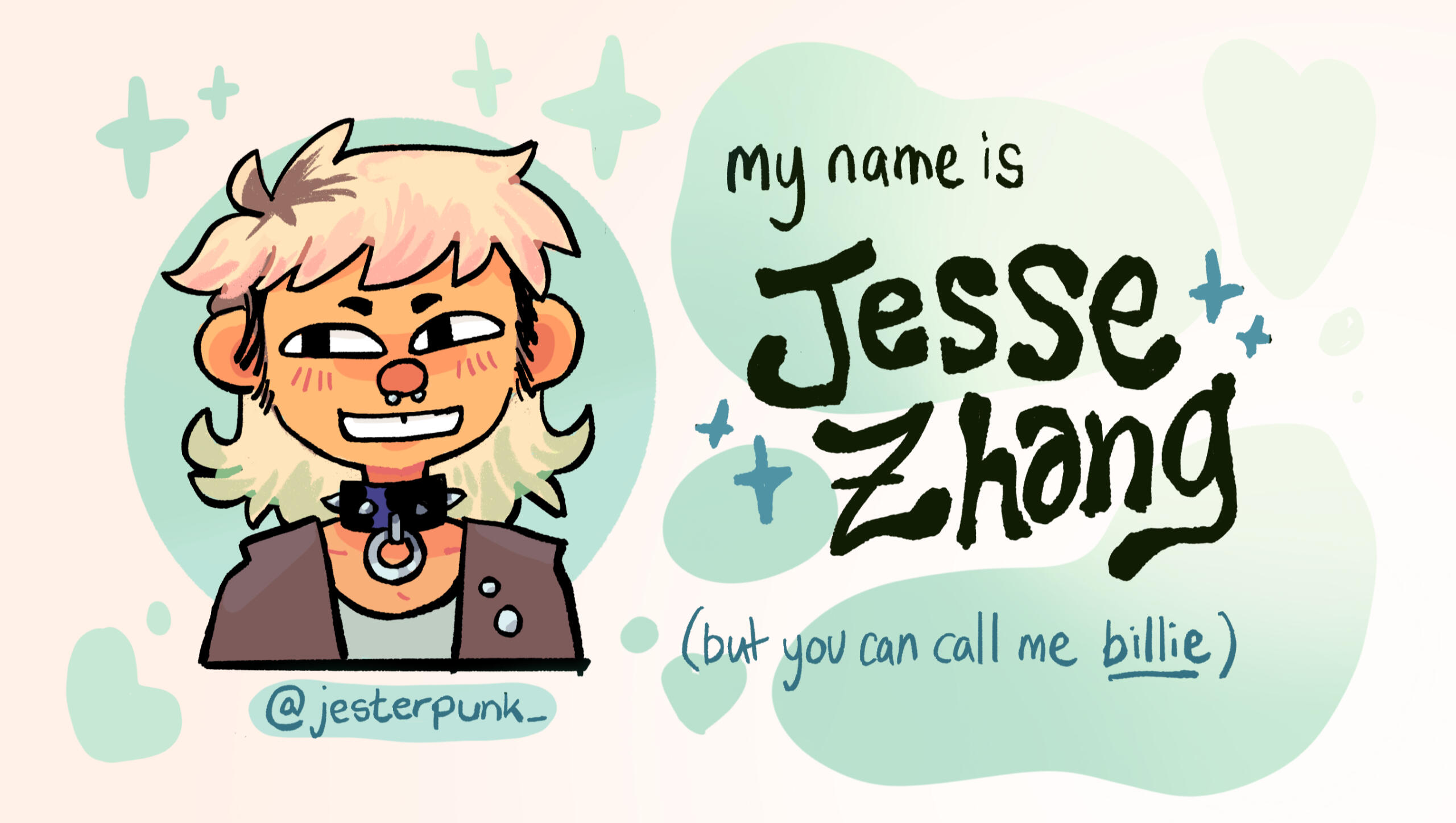 drawing of myself, with the text "my name is Jesse Zhang (but you can call me billie)"